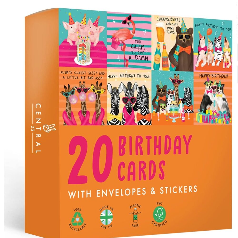 Central 23, London Birthday Cards Envelopes Fun Stickers Sustainably Made Boxed